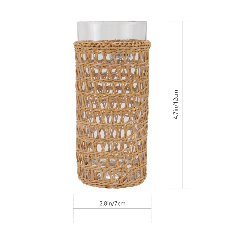 1Pc Glass Cup with Straw Woven Cup Sleeve Anti-Scaldling Straw Woven Cup Cover