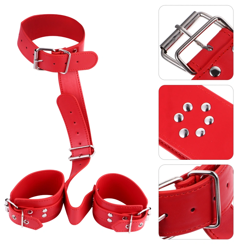 Hands and Neck Binding Straps Adjustable Red Handcuffs Flirting Bondage Toys