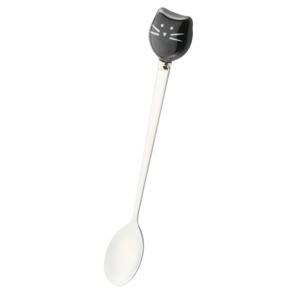 1 Pc Ceramic and Stainless Steel Small Spoons Cartoon Kitty Coffee Milk Tea Stirring Spoon (Black Kitty)