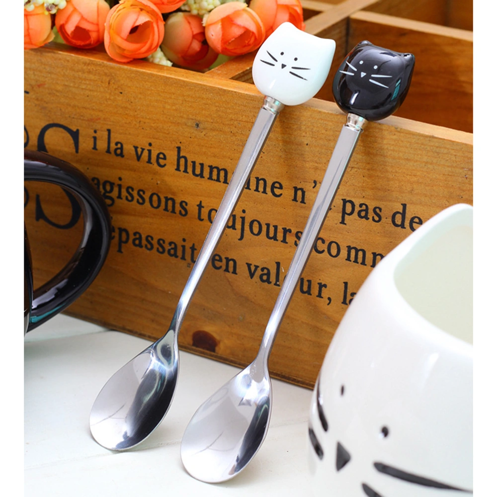 1 Pc Ceramic and Stainless Steel Small Spoons Cartoon Kitty Coffee Milk Tea Stirring Spoon (Black Kitty)