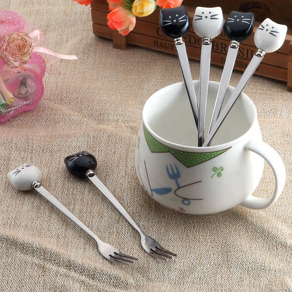 1 Pc Ceramic and Stainless Steel Small Spoons Cartoon Kitty Coffee Milk Tea Stirring Spoon (Black Kitty)