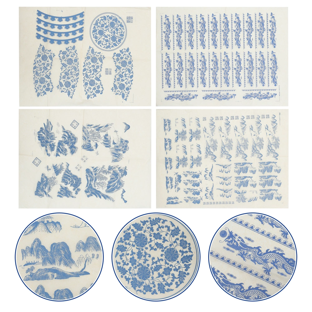 4 Sheets of Decorative Transfer Papers Delicate Pottery Decals Household Transfer Decals