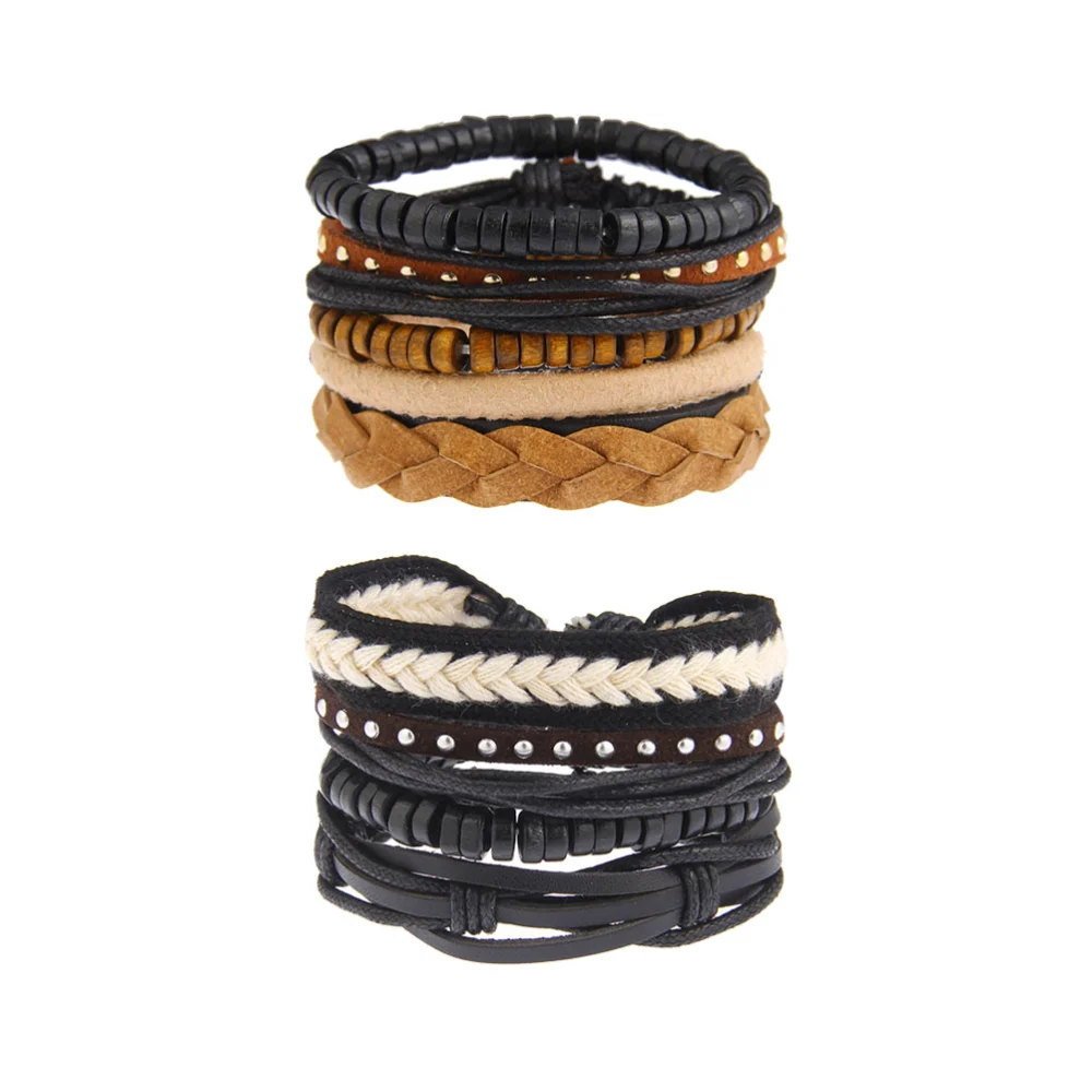 2pcs Simple Woven Leather Bracelet Vintage Wrap Vintage Wristband Cuff Hand Accessary for Men Women (A and B Style)