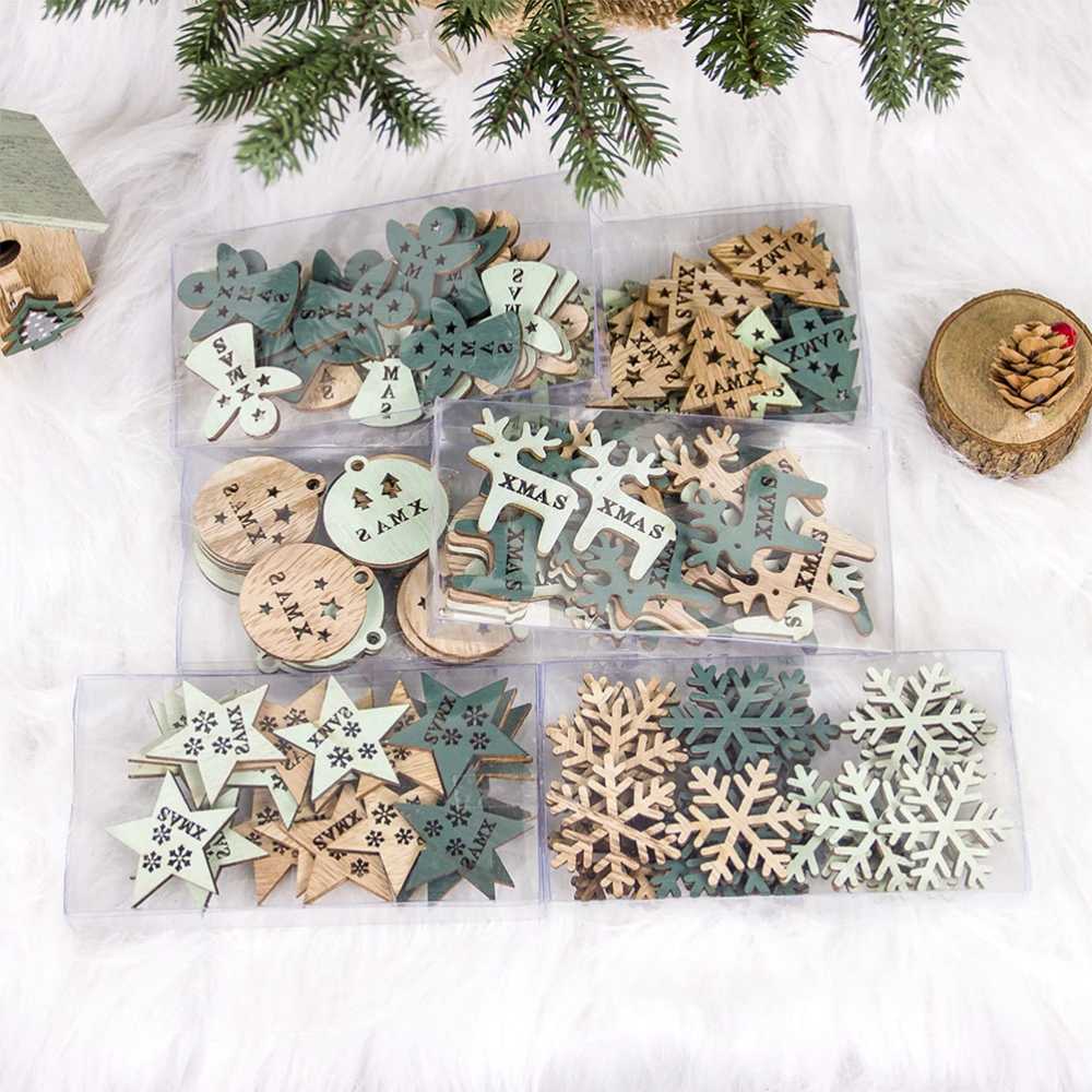 24 Pcs Color Painted Wooden Hanging Ornaments Embellishments Hollow Christmas Elements Pendant Decor for Home Party - E Christmas Tree