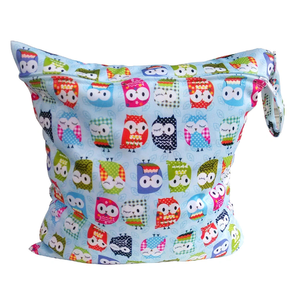 Colorful Owl Pattern Washable Reusable Waterproof Zippered Baby Cloth Diaper Nappy Bag Wet Dry Bag Tote with Snap Handle (Light Blue)