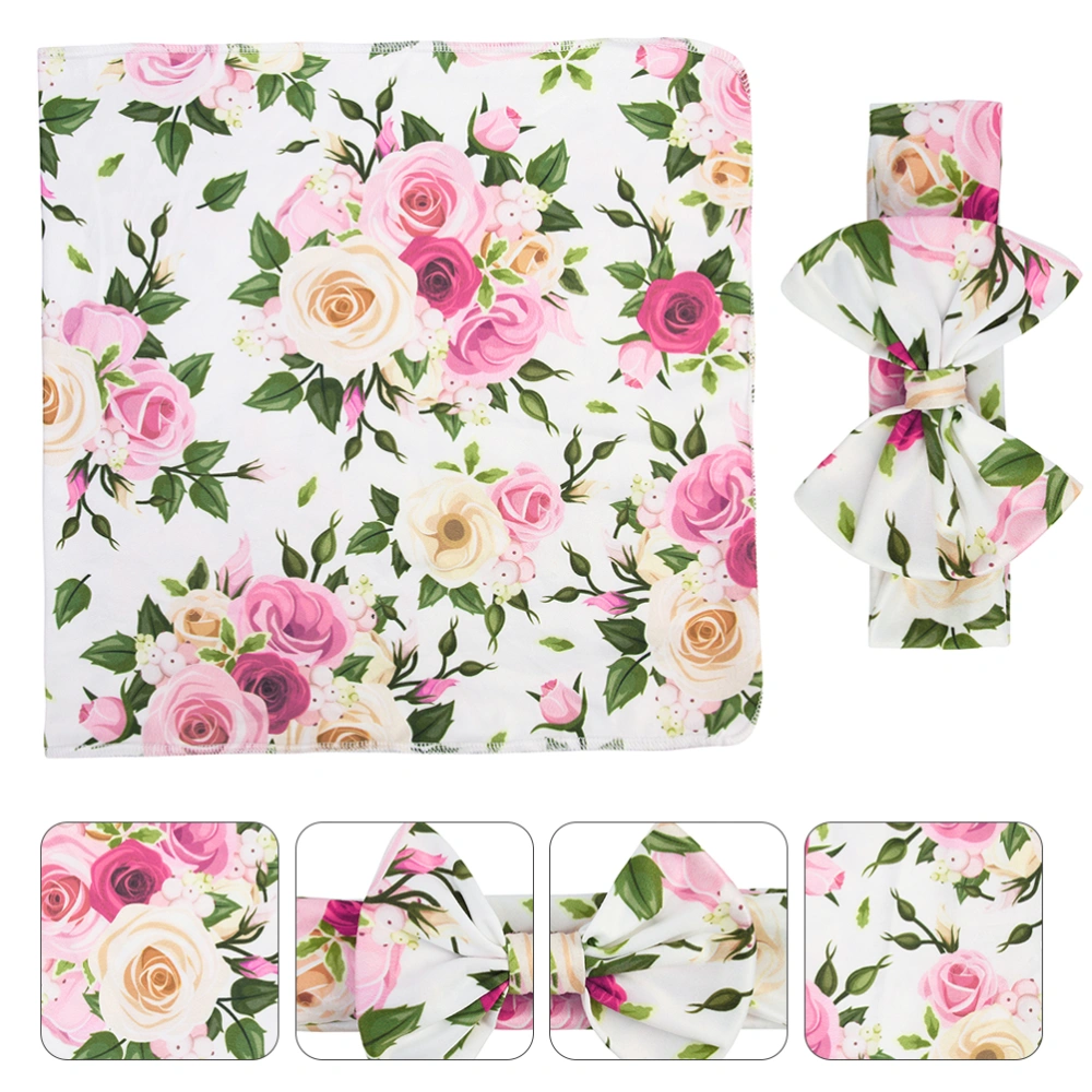 1 Set Baby Floral Printing Blanket and Bowknot Headband Baby Wrap Kit Gift