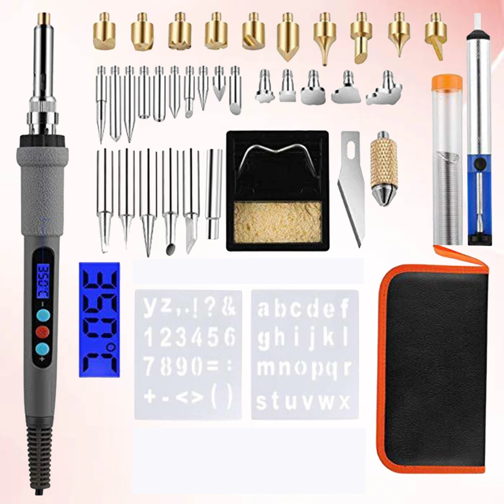 41pcs/set Wood Burning Engraving Branding Brush Set LCD Digital Temperature Soldering Iron Welding Wood Embossing Burning Set (EU Plug)