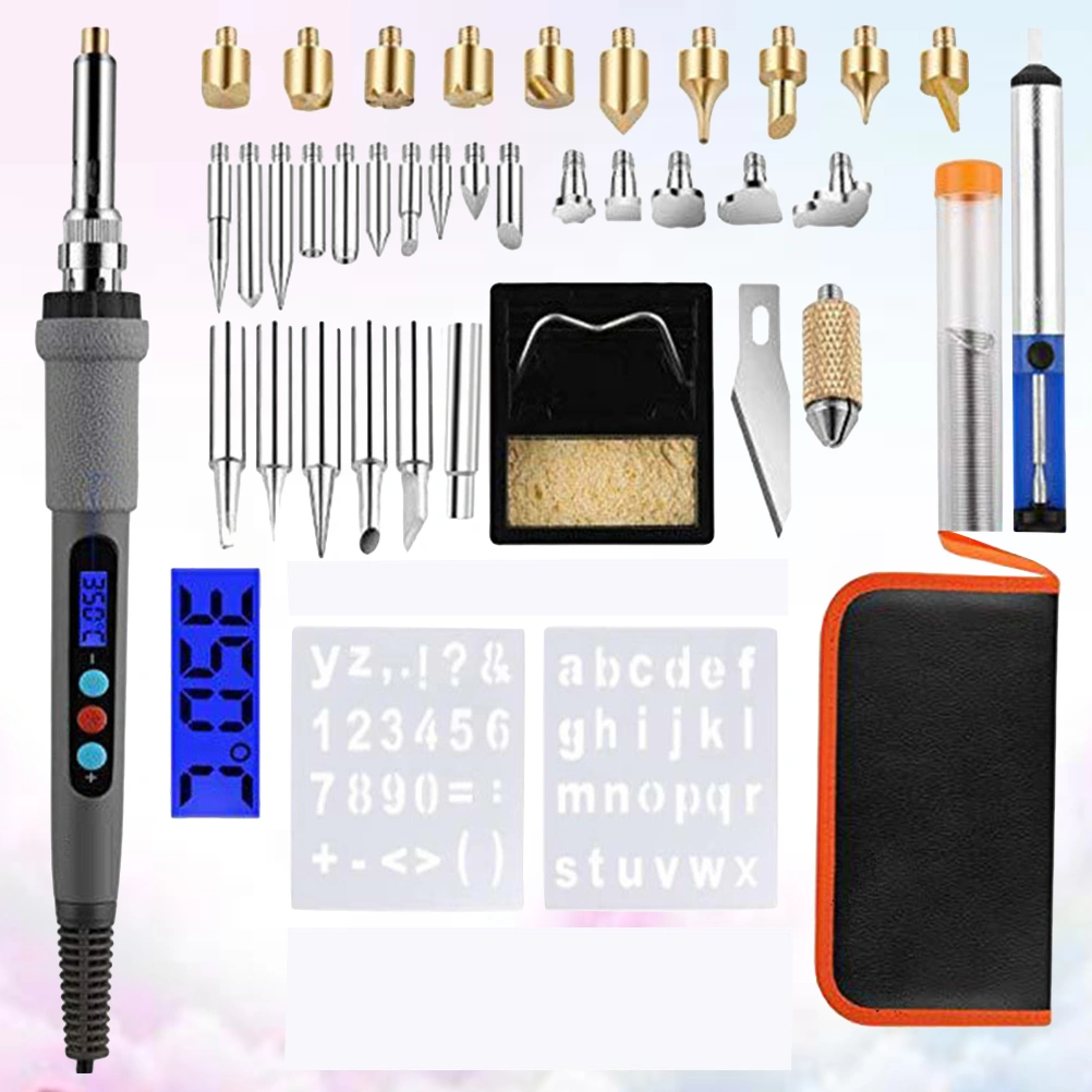41pcs/set Wood Burning Engraving Branding Brush Set LCD Digital Temperature Soldering Iron Welding Wood Embossing Burning Set (EU Plug)