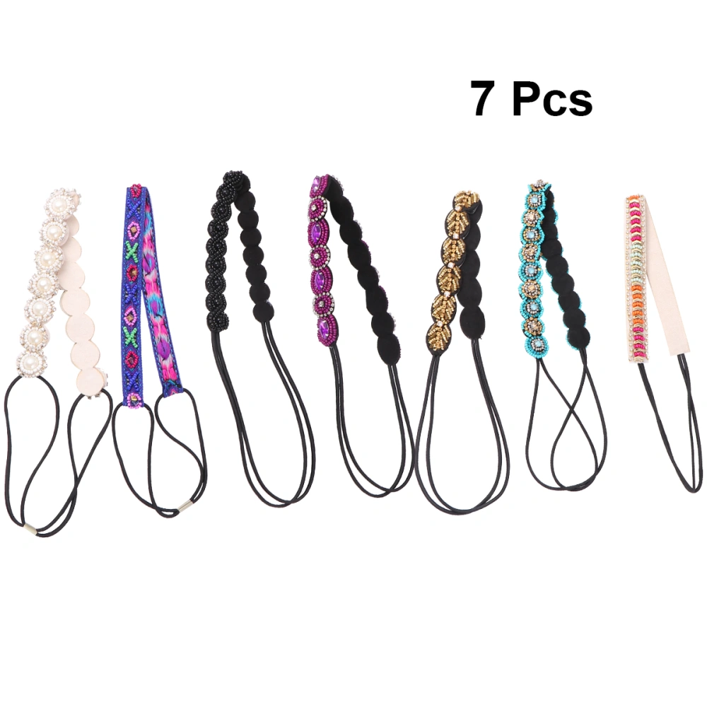 7pcs Sweet Beaded Hairband Delicate Hair Accessories Elastic Headband for Women Decoration(1pc in 7 Different Pattern, Assorted Color)