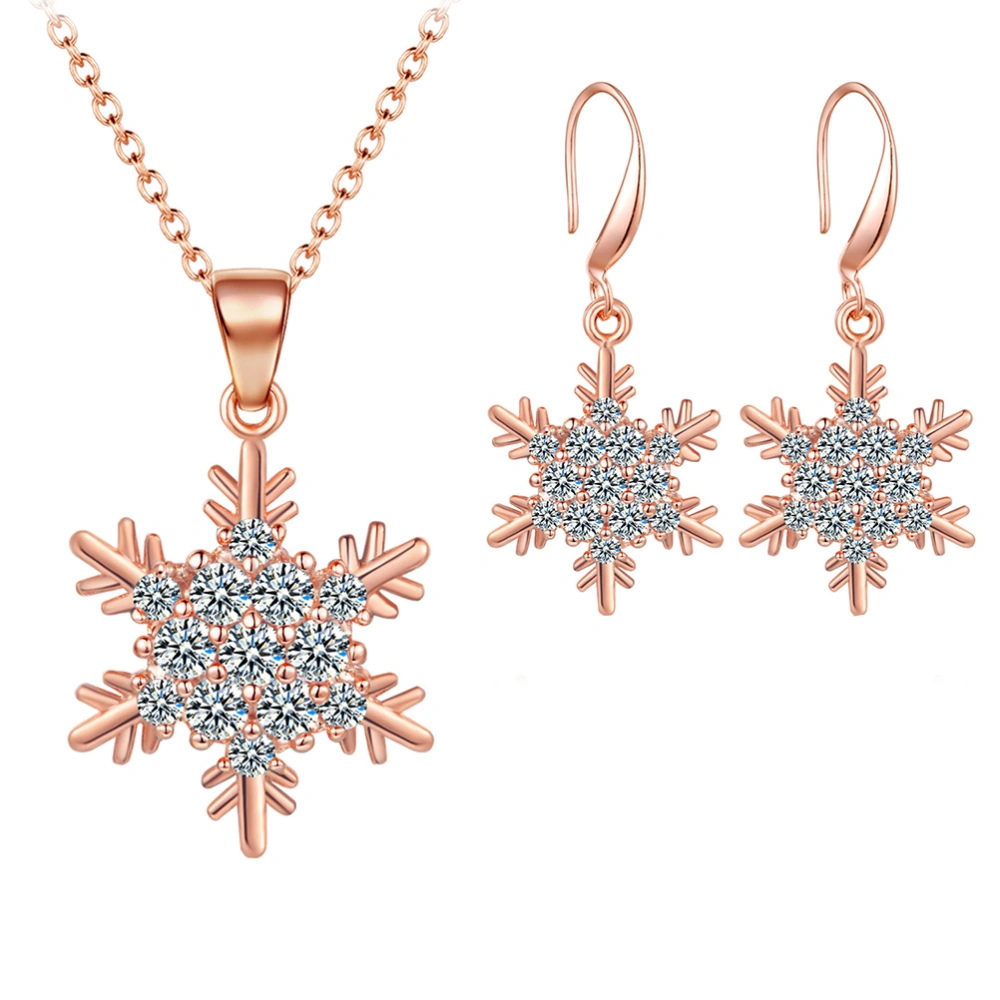 1 Set Christmas Gifts Snowflake Earrings Necklace Set Zircon Jewelry (Rose Gold)