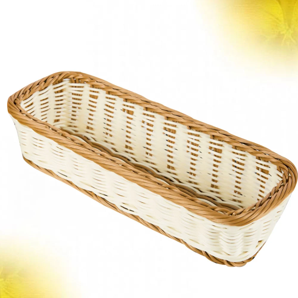 1pc Rectangular Imitation Rattan Basket Woven Plate Basket Plastic Basket for Kitchen Home (Chocolate White, 28x11x7cm)