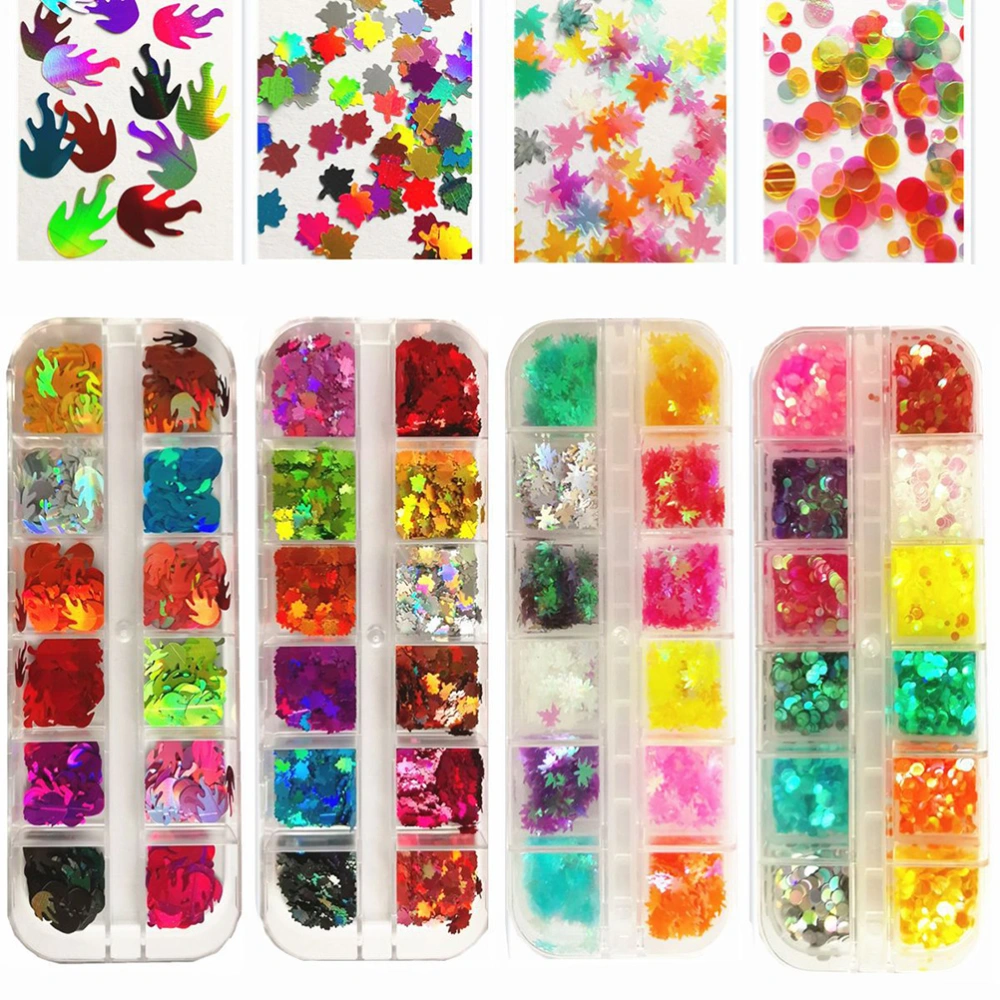 2 Boxed 12 Colors Nail Glitter Sparkly Paillettes Manicure Decor for Lady (Flame Pattern 1 and Maple Leaf Pattern 3)