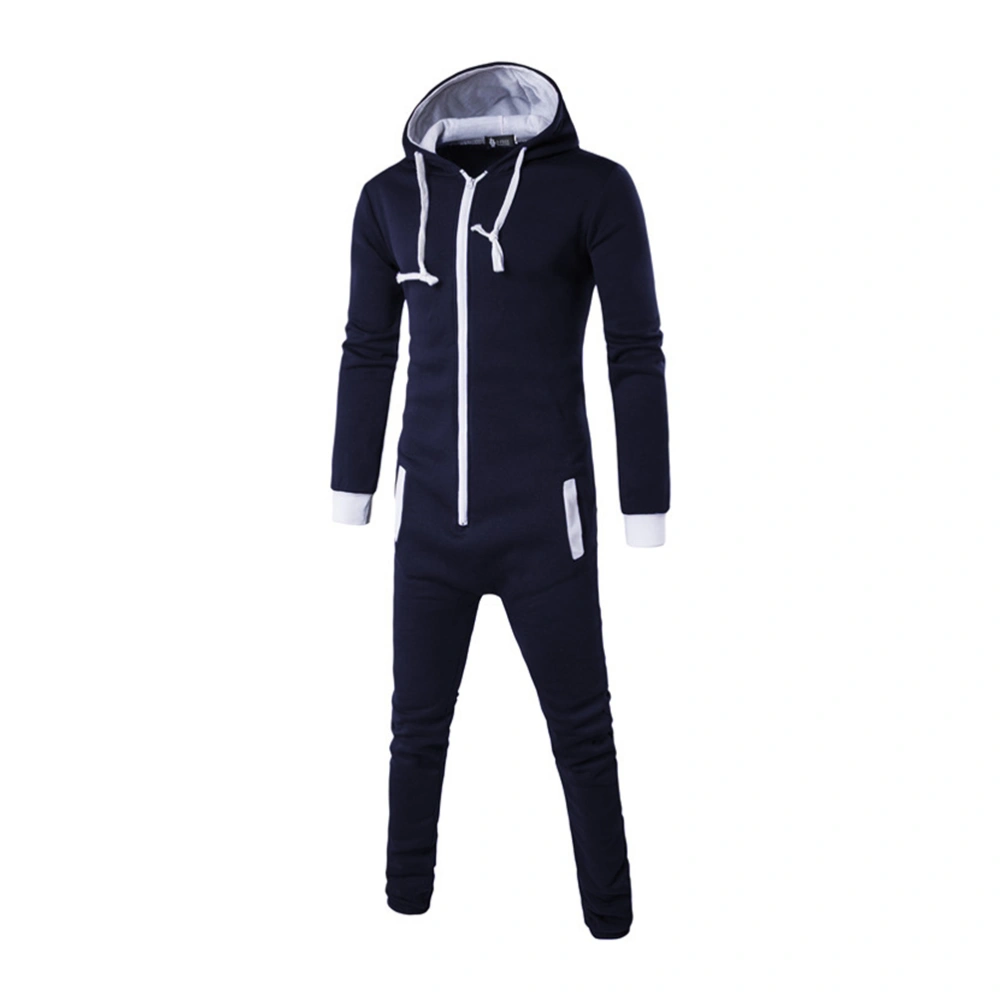 Fashion Men One Piece Hoodie Fleece Onesie Pullover Hooded Sweatsuit Onesie Hoodie Suits Onesie Zipper Jumpsuit - Size L(Navy Blue)