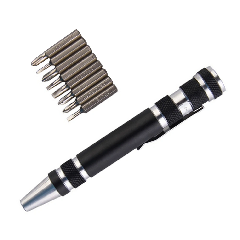 8 in 1 Mini Gadgets Repair Tools Multifunction Mini Aluminum Precision Pen Screw Driver Screwdriver Set Repair Tools Kit Cell Phone Hand Tool (Black)