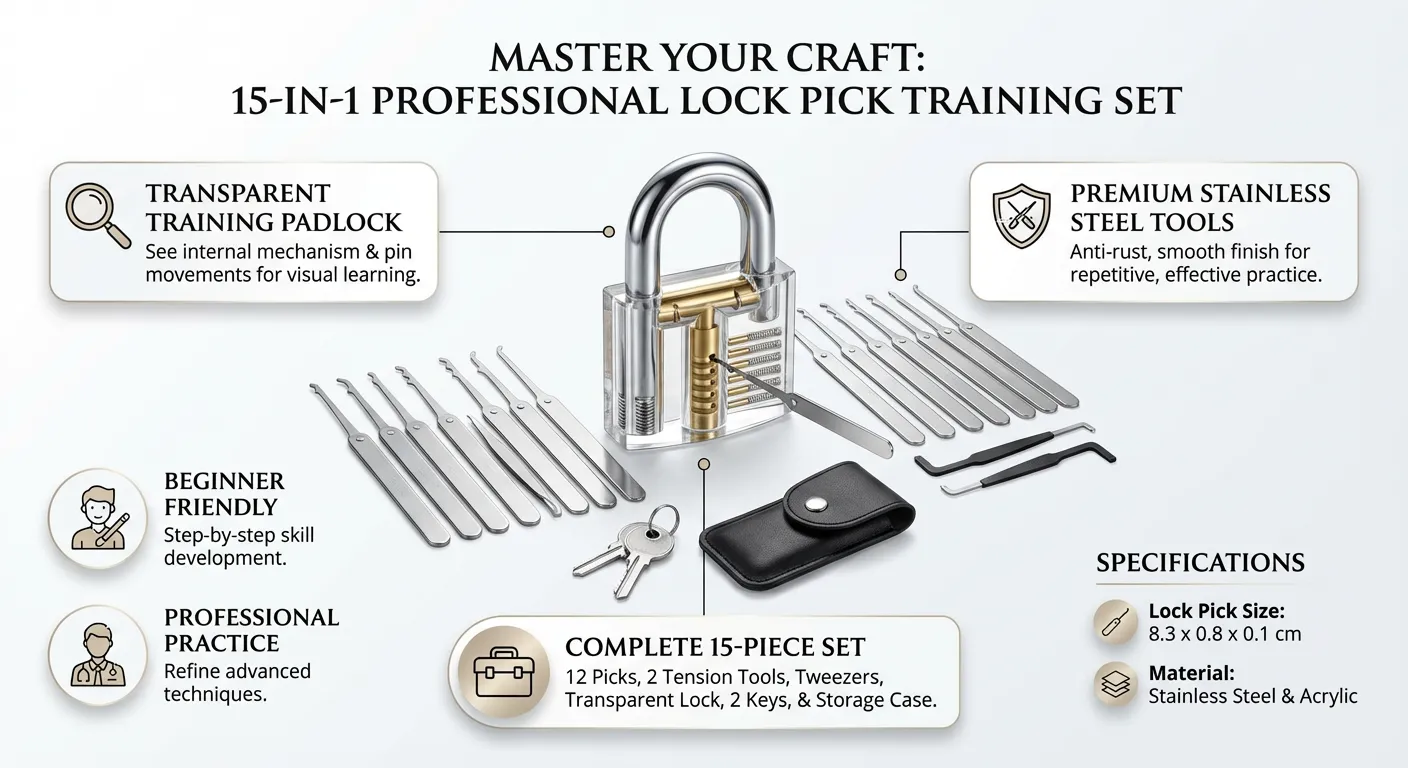 15 In 1 Lock Pick Training Tool Set Lockpicking Practice Tool Set with Crystal Padlock and Keys for Locksmith Beginner