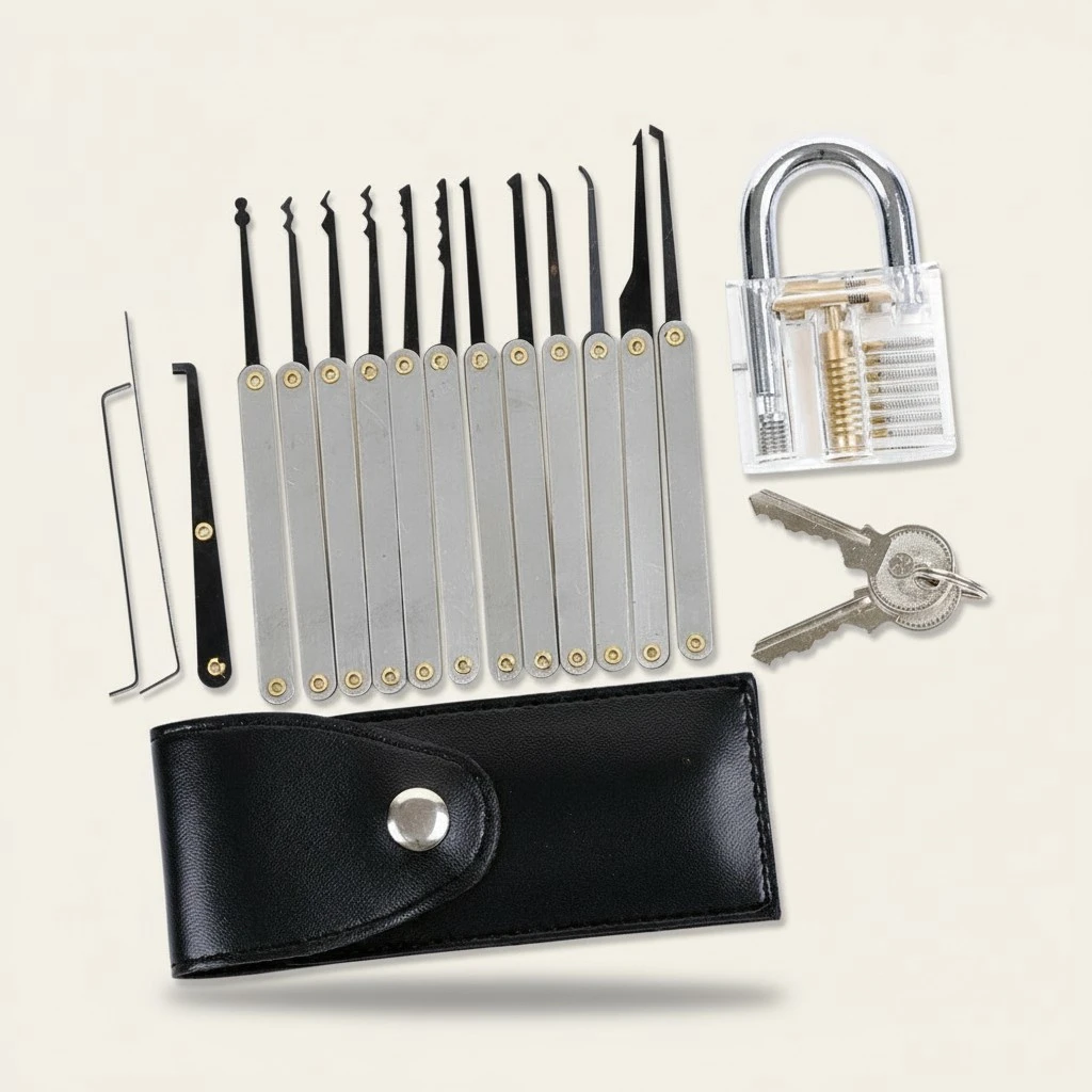 15 In 1 Lock Pick Training Tool Set Lockpicking Practice Tool Set with Crystal Padlock and Keys for Locksmith Beginner