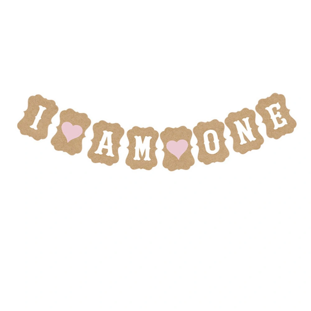 I AM ONE Birthday Banner 3M Love Heart Kraft Happy 1st Birthday Banner for Party Decoration (Brown with Pink Heart)