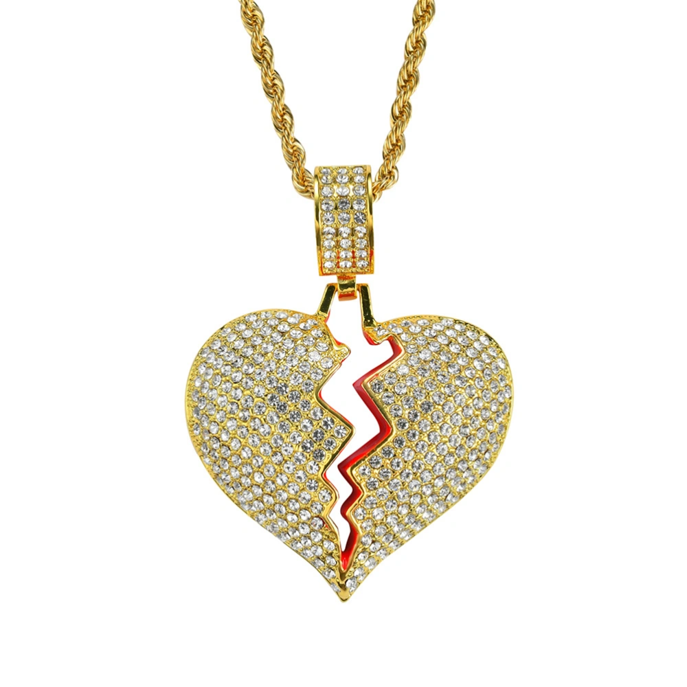 Shiny Luxury Rhinestone Necklace with Broken Heart Pendant and Sturdy Chain for Couple(Golden)