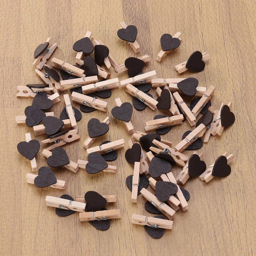 100Pcs Decorative Paper Clips Colorful Wooden Craft Clamp Love Shaped Photo Holder for Home Party(Coffee)