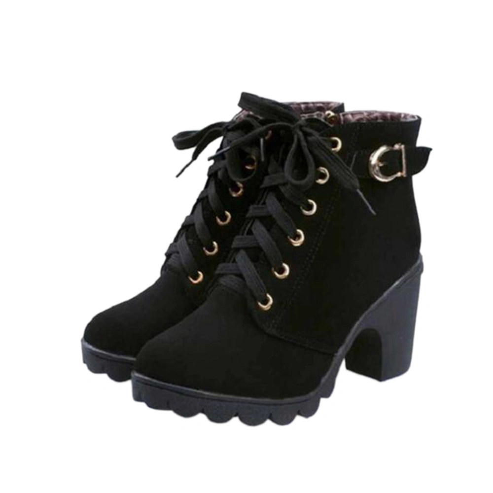 Womens Fashion High Heel Lace up Ankle Boots Lady Buckle Platform Shoes  Boots(Black,37)