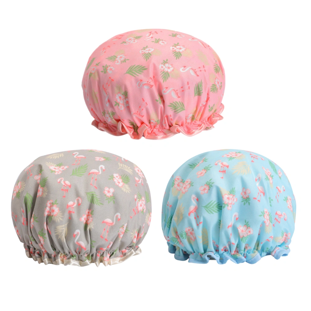 3pcs Adorable Flamingo Printed Bath Hats Waterproof Adult Shower Caps Reusable Double Layer Bath Caps for all Hair Lengths Women Men (Pink Grey Blue)