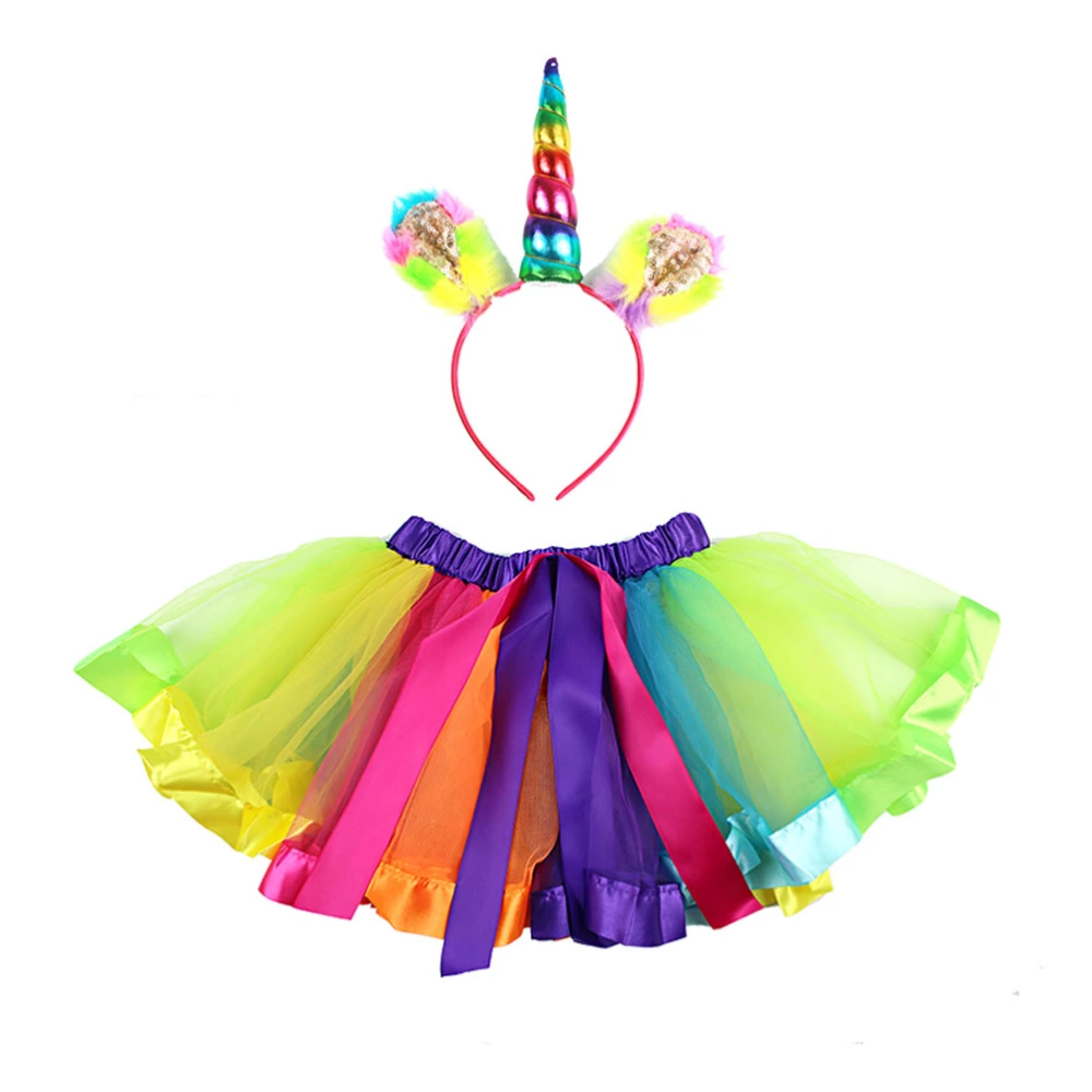 1 Set Skirt Suit Bubble Skirt Rainbow Bubble Skirt  Unicorn Hair Band for Party Performance Decoration (Size S Suitable for 0-3 Years Old)