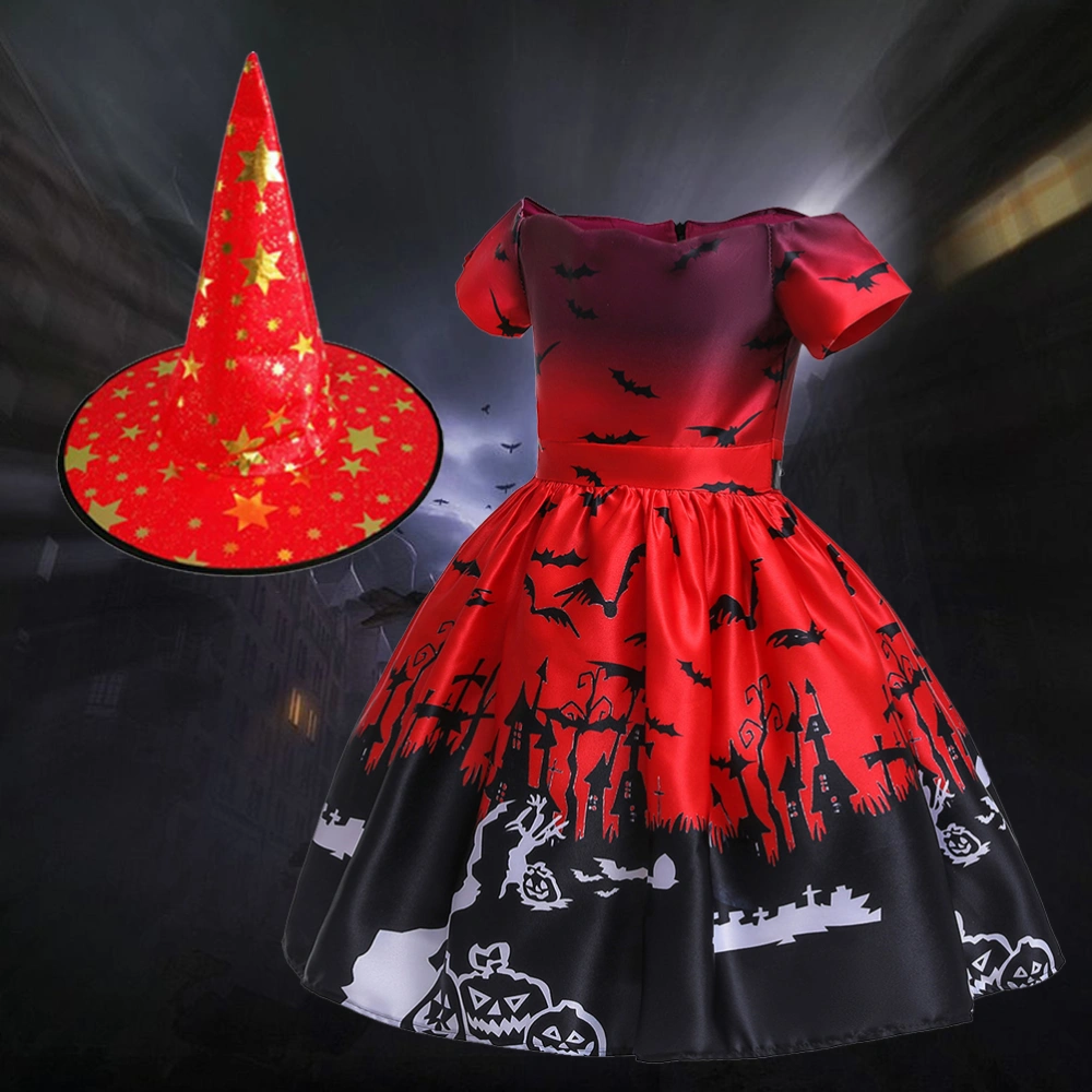 Creative Halloween Themed Dress Party Dress Printing Witch Costume Outfit Masquerade Cosplay Dress Set (Red + Red Witch Hat 110cm)