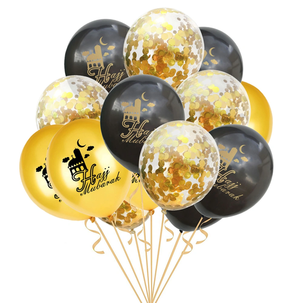 15pcs Eid Latex Balloon Set Creative Beautiful Decor Balloon for Party Festival Gathering (5 Black HAJJ, 5 Golden HAJJ, 5 Golden Confetti Balloons, 12Inch)