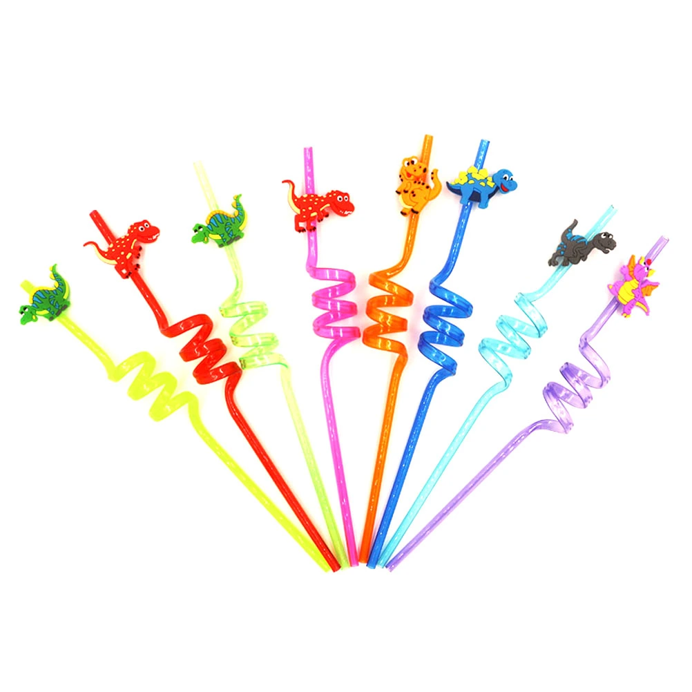 8pcs Disposable Colorful Plastic Straws Small Dinosaur Curved Straw 8 Colors Drinking Straw for Birthday Party Supplies