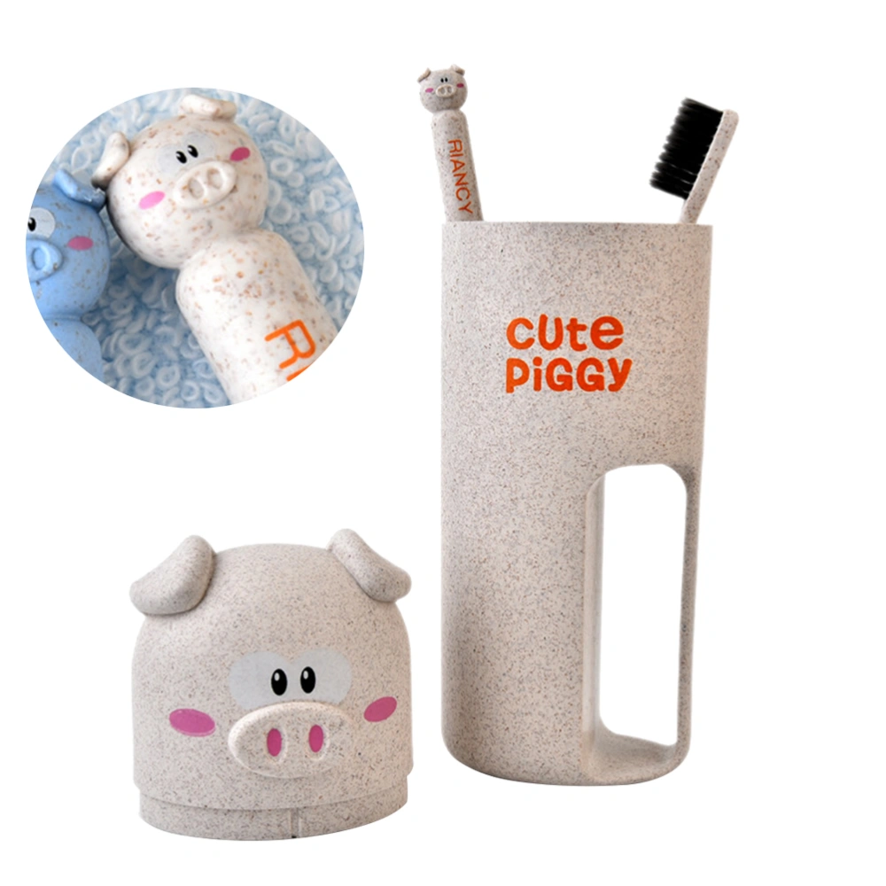 Piggy Shape Toothbrush Cup Washing Cup Portable Washing Mug with Two Toothbrushes Beige