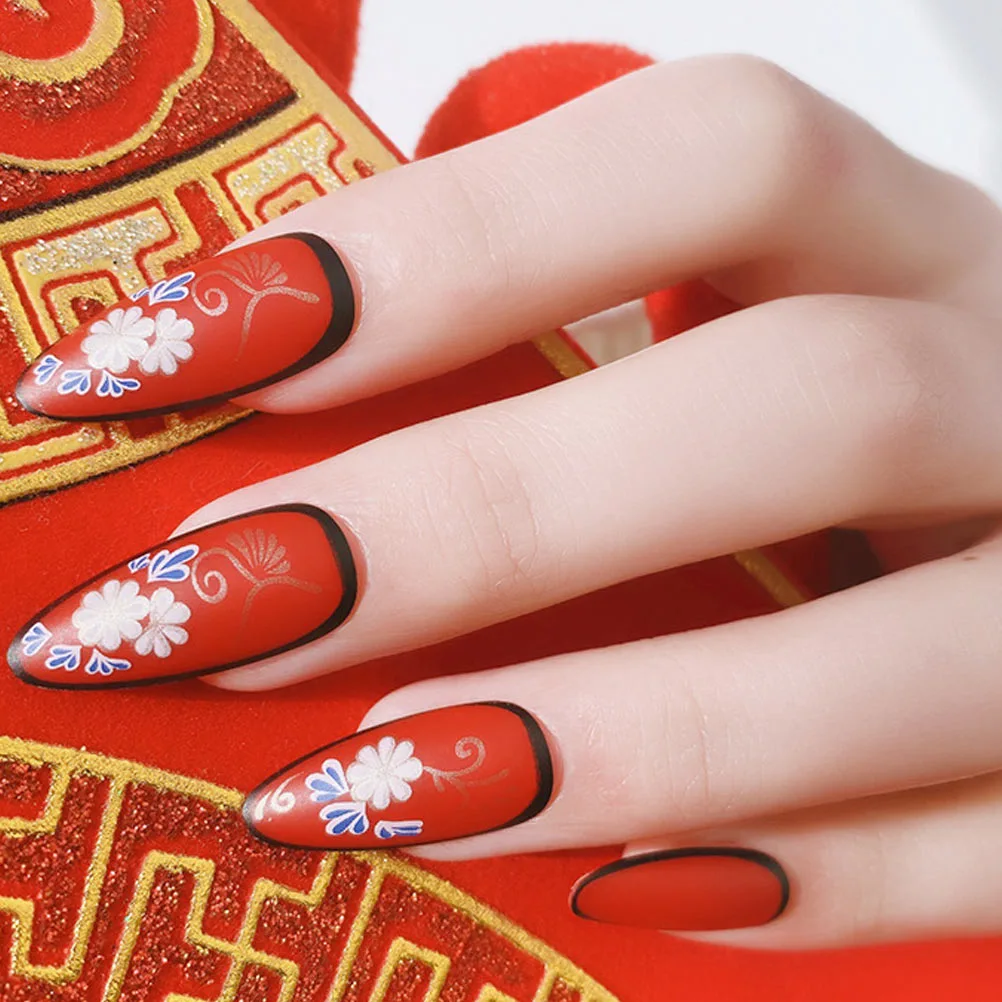 24 Pcs Chinoiserie Wearing Nails Beautiful Fake Nails Finished Fake Nails Decors