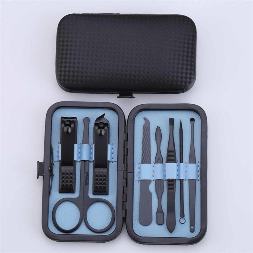 8Pcs Pedicure Manicure Tool Kit Nail Clippers Set Nail Trimmer Acne Needle Nose Hair Eyebrow Scissors Tool Black and Blue