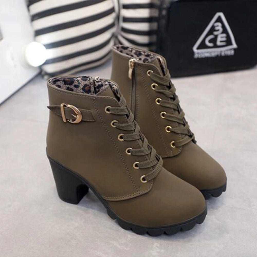 Womens Fashion High Heel Lace up Ankle Boots Lady Buckle Platform Shoes(Army Green,38)