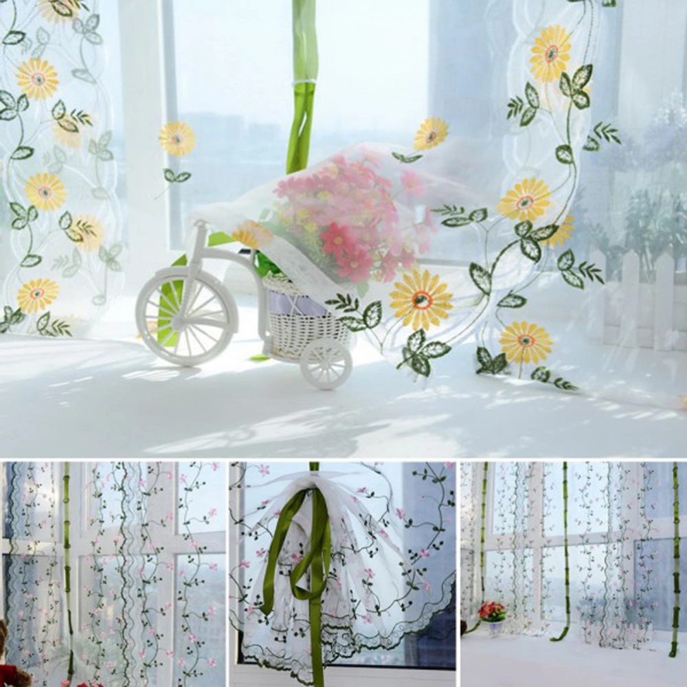 Pastoral Flower Embroided Sheer Window Voile Curtain Drape Valance For Bedroom Girls Room Decor 80 x 100 CM  (Yellow Daisy)