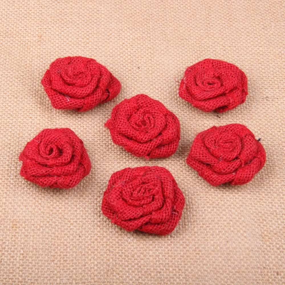 6pcs Burlap Roses Hessian Jute Flower Rustic Vintage Rose for Christmas Wedding Embellishments (Red)