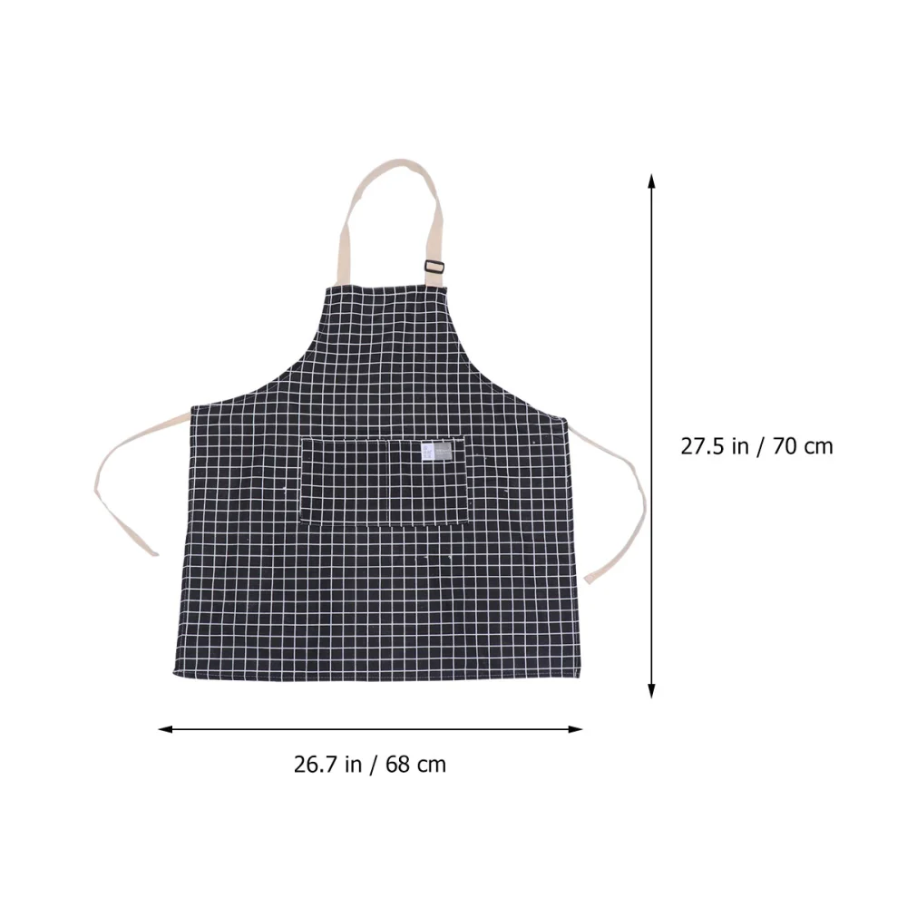 Cotton and Linen Aprons Checkered Adjustable Halter Apron with Pockets Cooking Smock (Black)