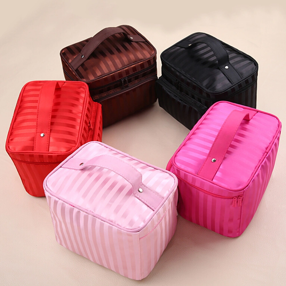 Waterproof Travel Large Capacity Zipper Korean Stripe Cosmetic Bag (Black)