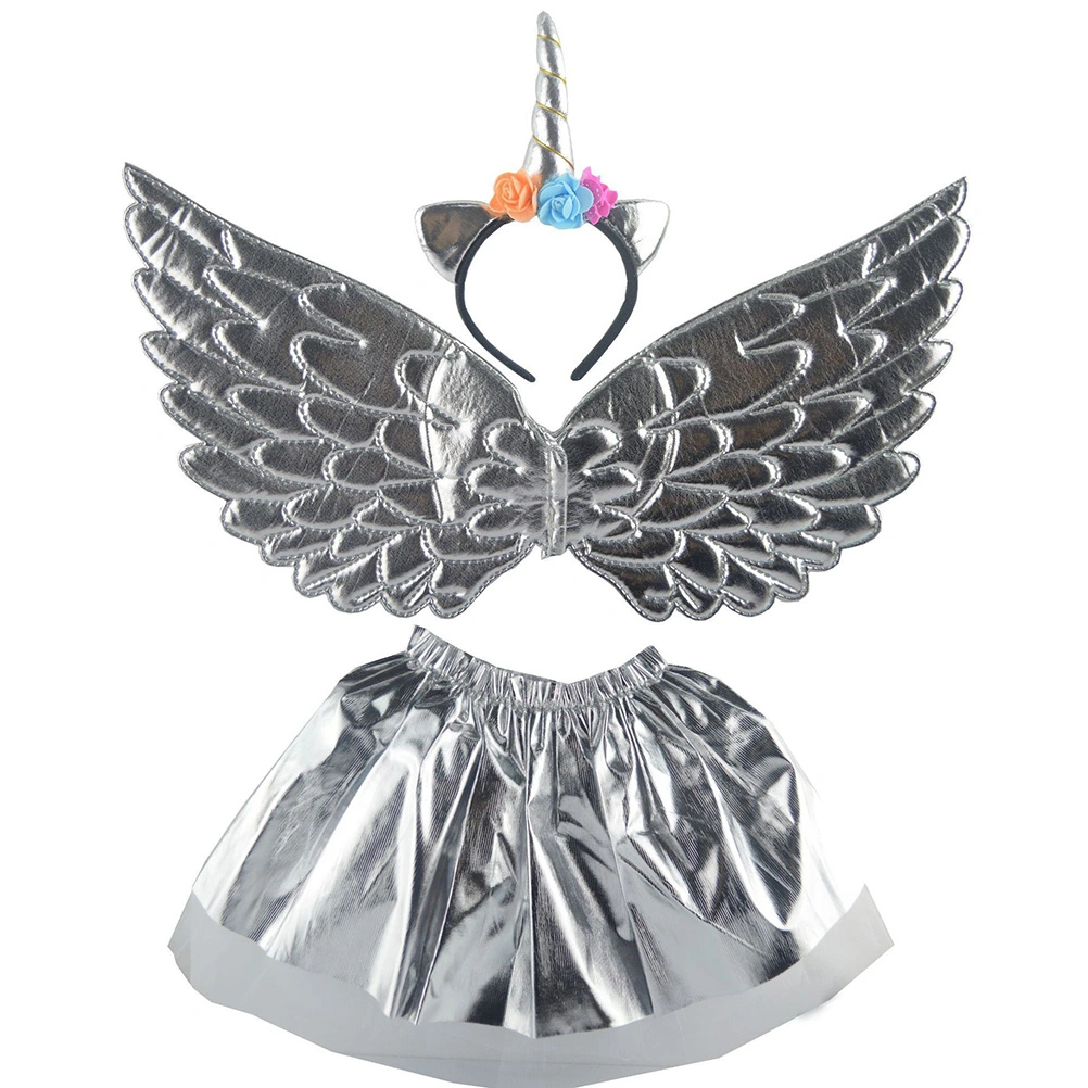 Party Girls Tulle Skirt Unicorn Headband Wing Set Style Gauze Dress Costume for Kids Stage Performance Party (3pcs A Set, Silver)