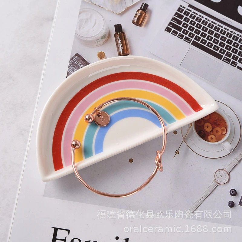 Semicircle Ceramic Plate Delicate Rainbow Design Jewelry Dish Decorative Necklace Display Tray