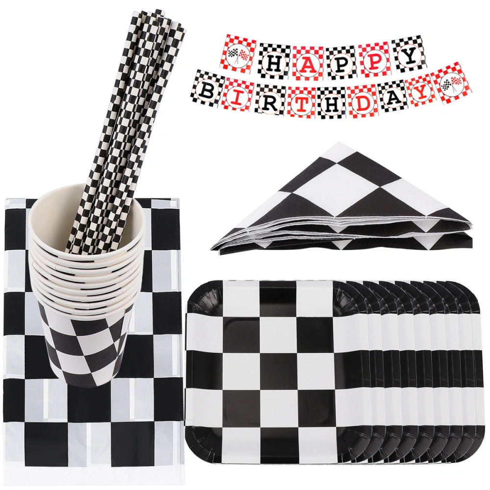 1 Set Kids Car Theme Disposable Tableware Set Plates Set Printing Table Cloth Dinnerware Set Birthday Party Supplies for Home (Black, White, Red)