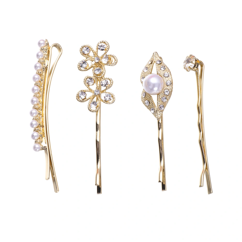 4pcs Women's Diamond Hairpins Word Folders Fashion Simple Lovely Pearl Rhinestone Small Fresh Personality Hair Clips (Golden)