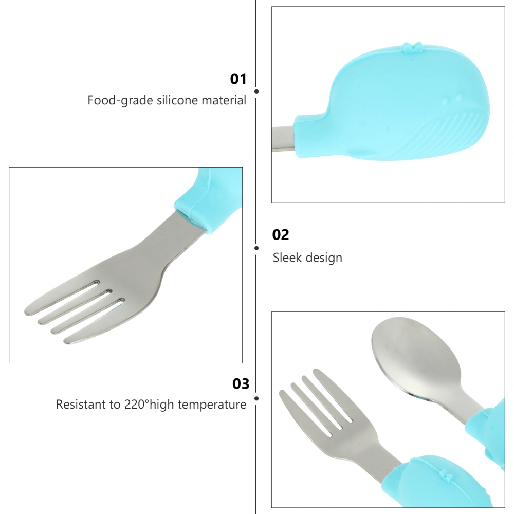 2Pcs Baby Tableware Silicone Stainless Steel Cartoon Spoon Fork Tableware