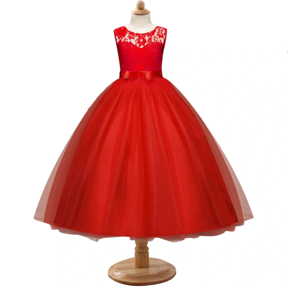 Girls Lace Tulle Dress Wedding Dress Sleeveless O-collar Dress for Wedding Party Birthday - Size 130cm (Red)