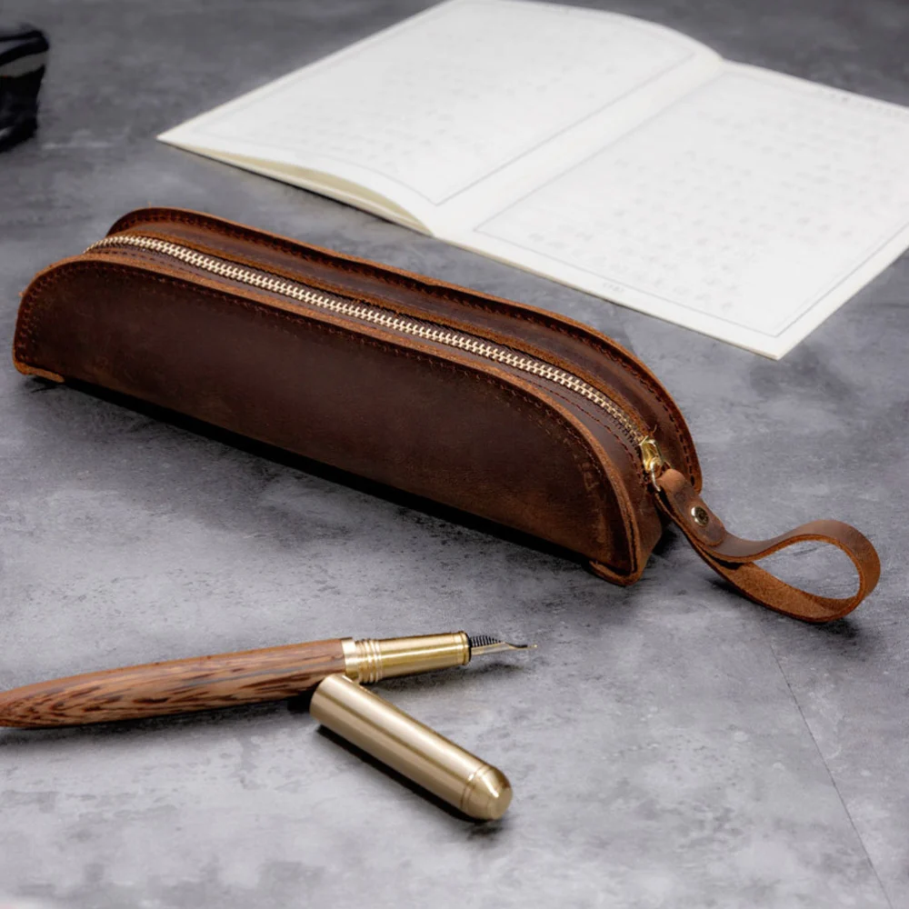 Genuine Leather Zipper Pen Pouch Holder Pencil Bag Pen Case for Rollerball Fountain Ballpoint Pen (Brown)