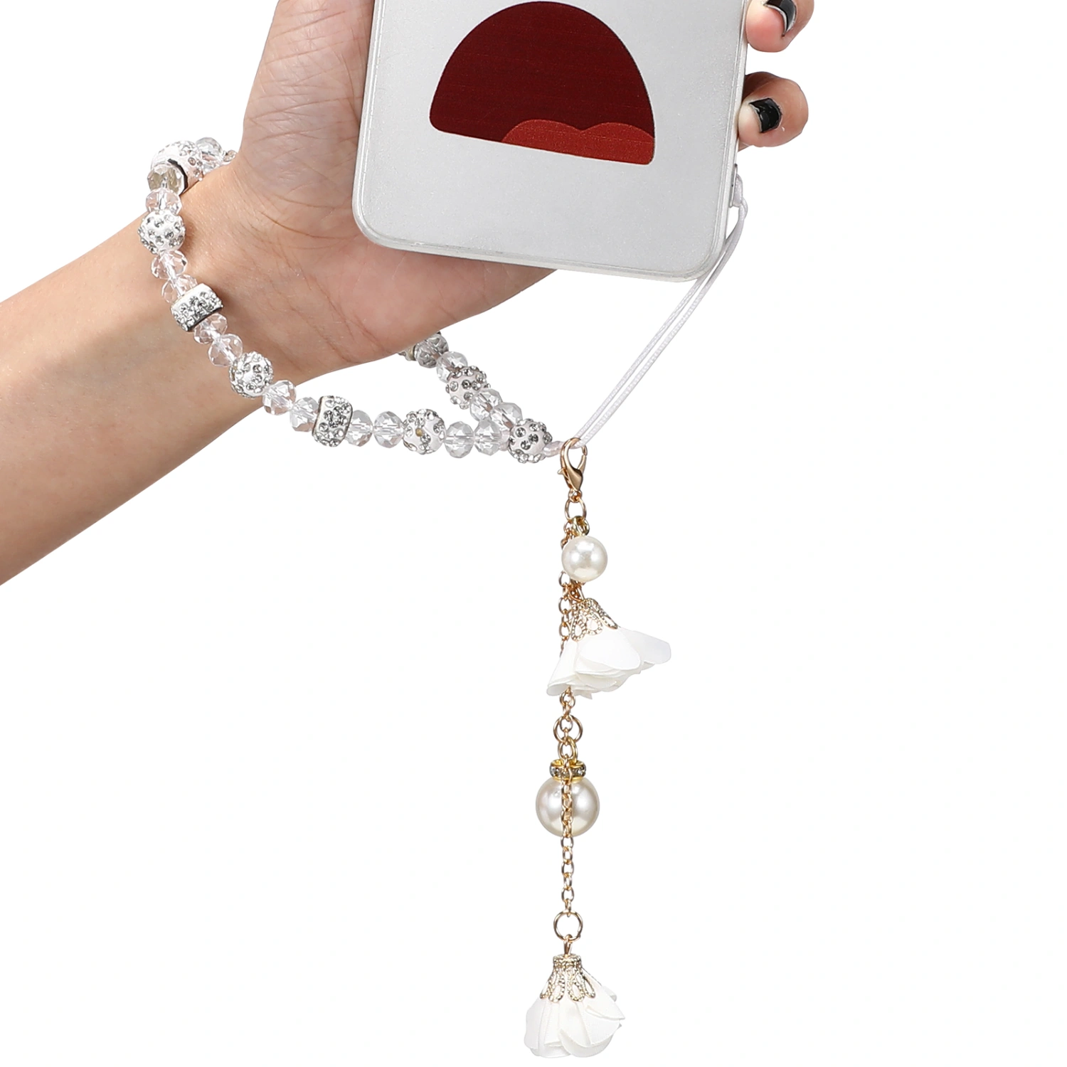 Phone Lanyard Two-in-One Crystal Beaded Flower Pendant Non-Slip Cell Phone Hand Wrist Strap Charm for Women Girls