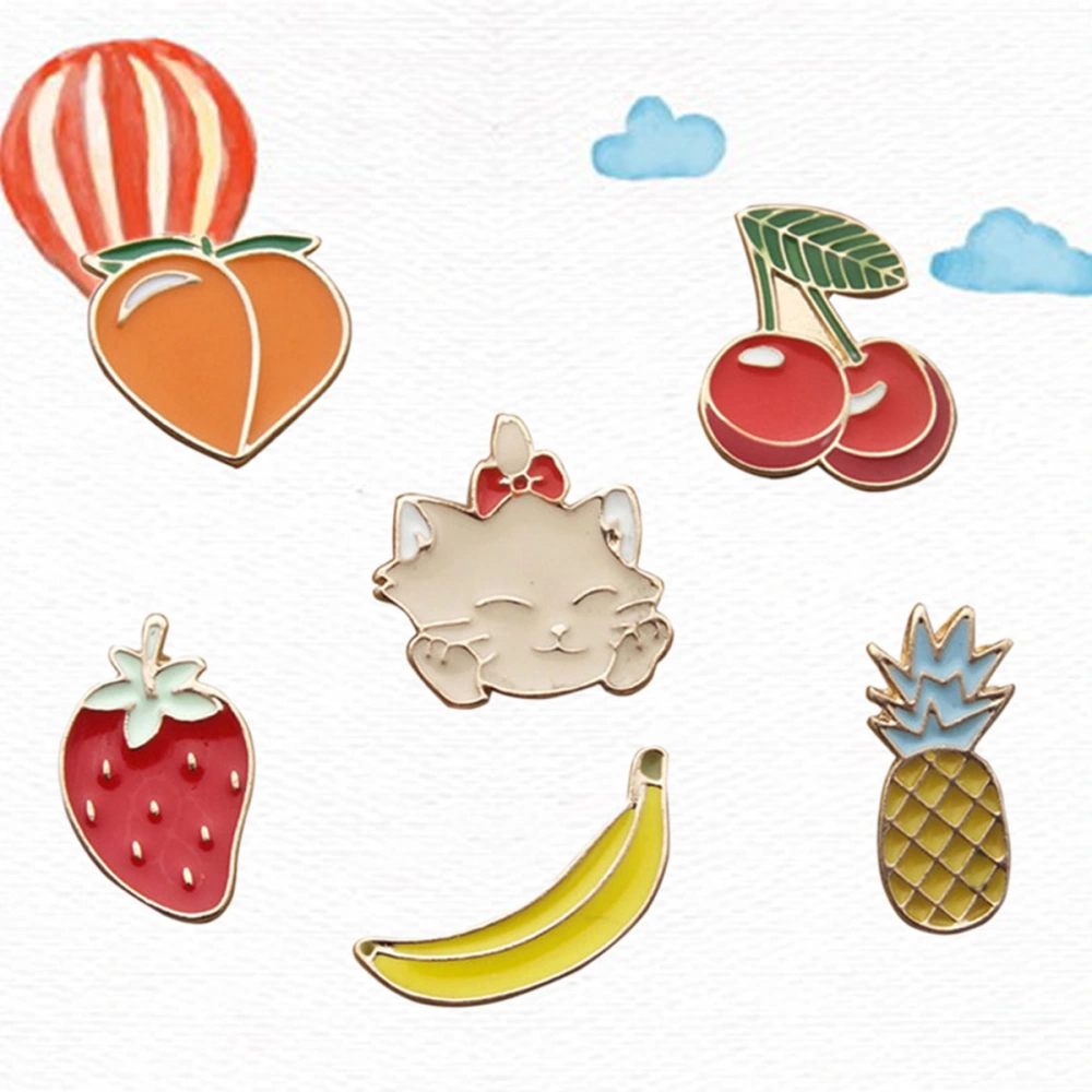 6pcs Fruit Brooch Set Creative Beautiful Decor Brooch Set for Girl Kid Child (Peach, Cherry, Strawberry, Banana, Pineapple, Cat Pattern)