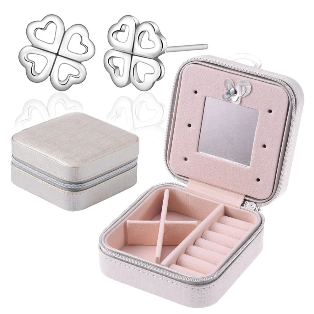 Stud Earrings Jewelry Storage Box Portable Jewelry Case Jewelry Organizer Ring Holder PU Leather with Mirror for Wedding Party Participants Gifts(Silvery) (Random Zipper Style)