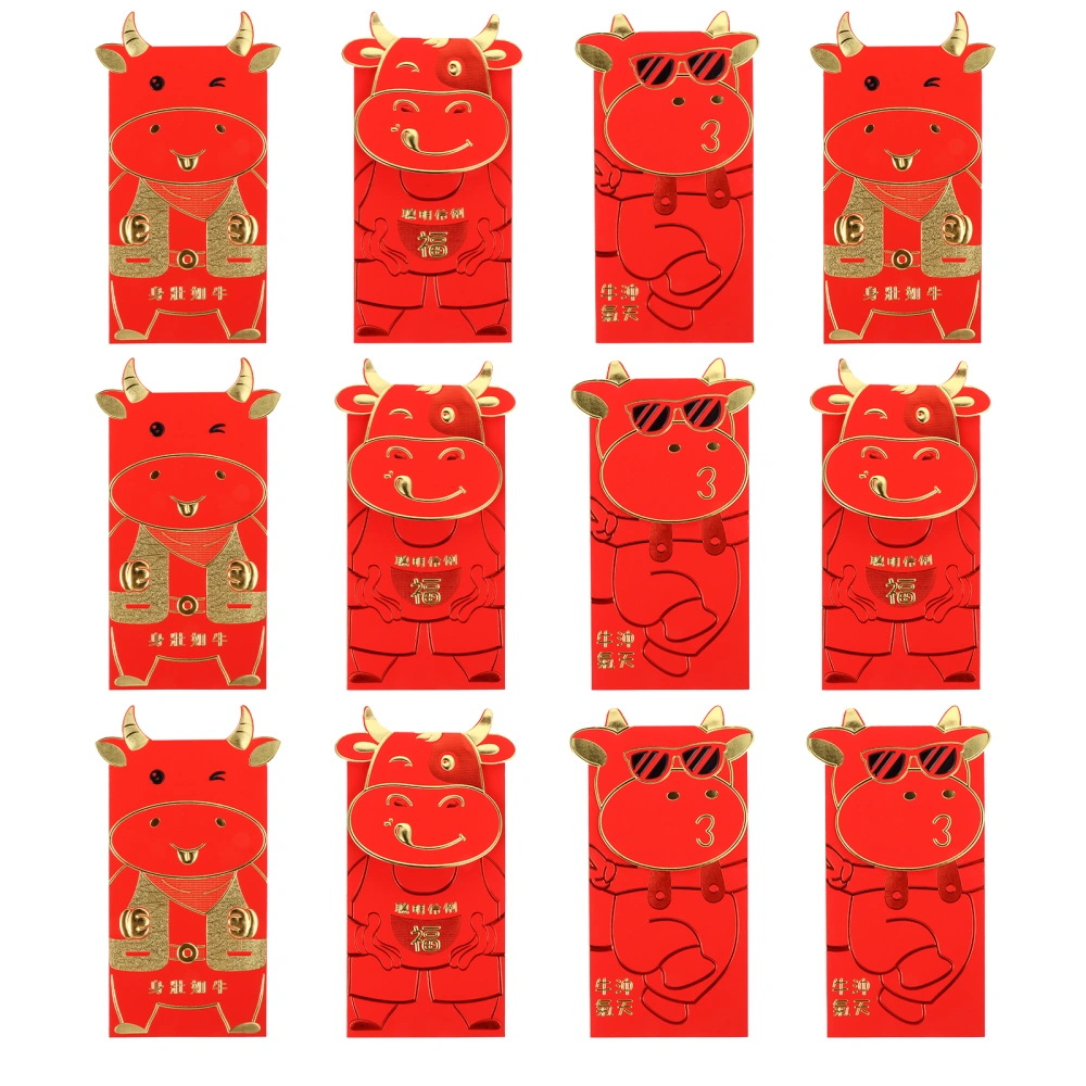 12pcs 2021 Cartoon New Year Ox Money Bags Spring Festival Red Envelopes