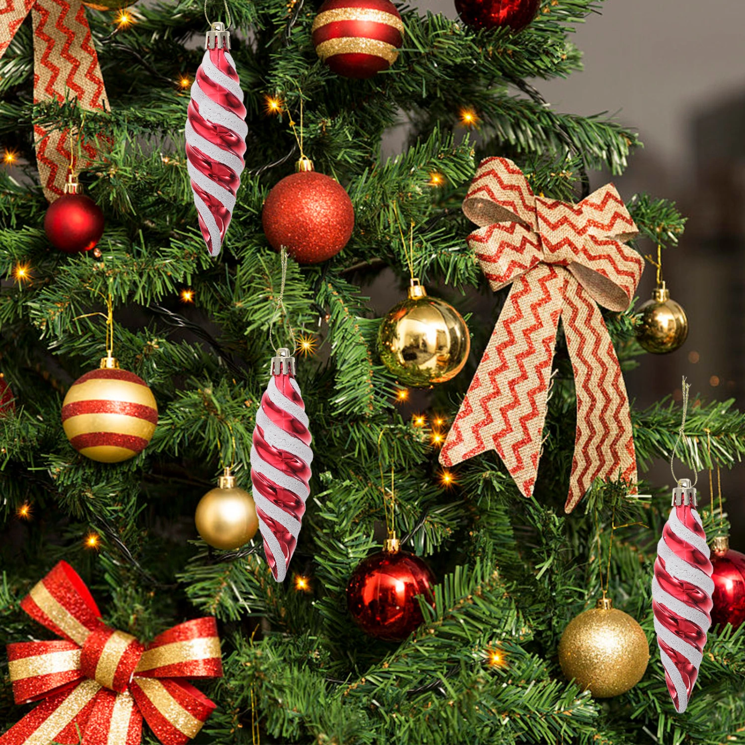 6 Pcs Christmas Tree Pendants Lovely Xmas Tapered Spiral Hanging Decorations