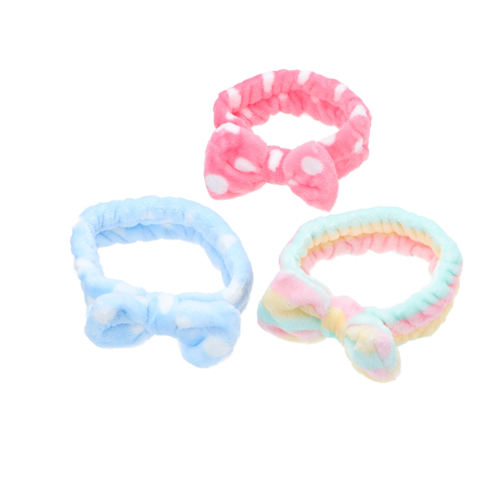 3Pcs Bowknot Shaped Hair Hoops Face Washing Headband Flannel Headwrap Shower Hair Band (03# Green and Pink Stripe, 12# Light Blue Round Dot, 09# Watermelon Red Round Dot)